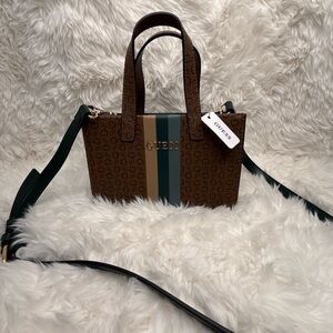 GUESS Brown Logo Stripe Satchel with Green Detachable Strap